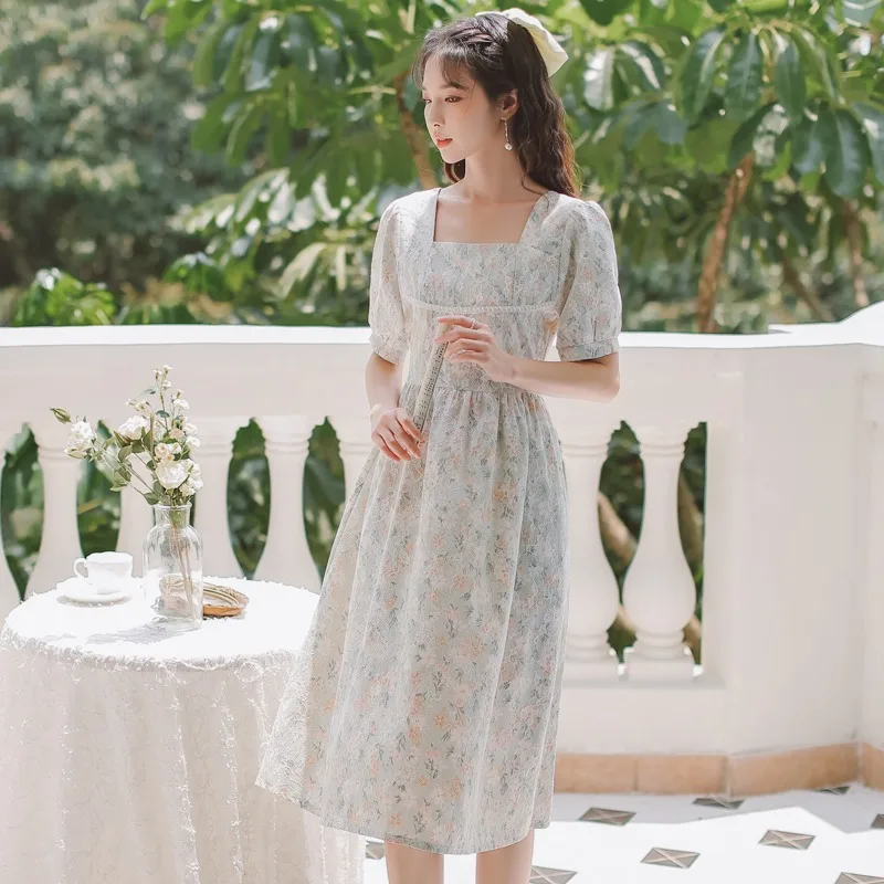 French Puff Sleeve Fairy Dress Women Vintage Sweet Party Floral Long Dress Female Summer Chiffon Korean Bandage Dresses 2021 New