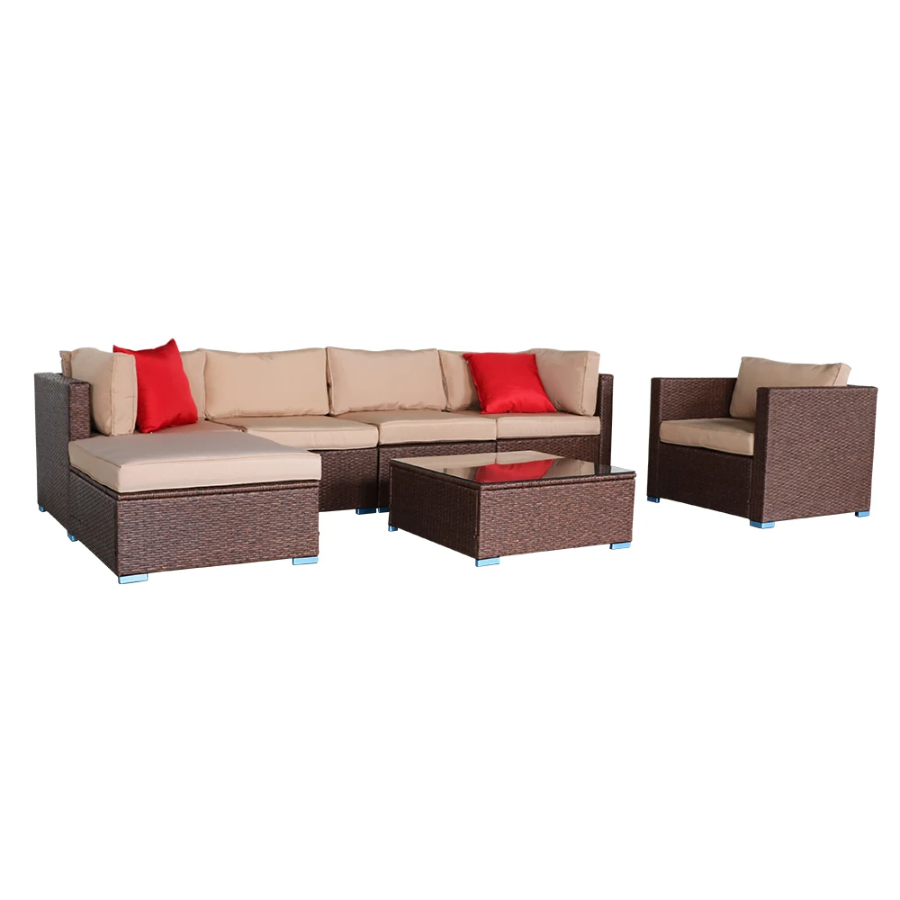 Patio Sofa Furniture 7 Pieces Wood Grain Patio PE Wicker Rattan Corner Sofa Set  Patio Sofa Furniture Outdoor Set