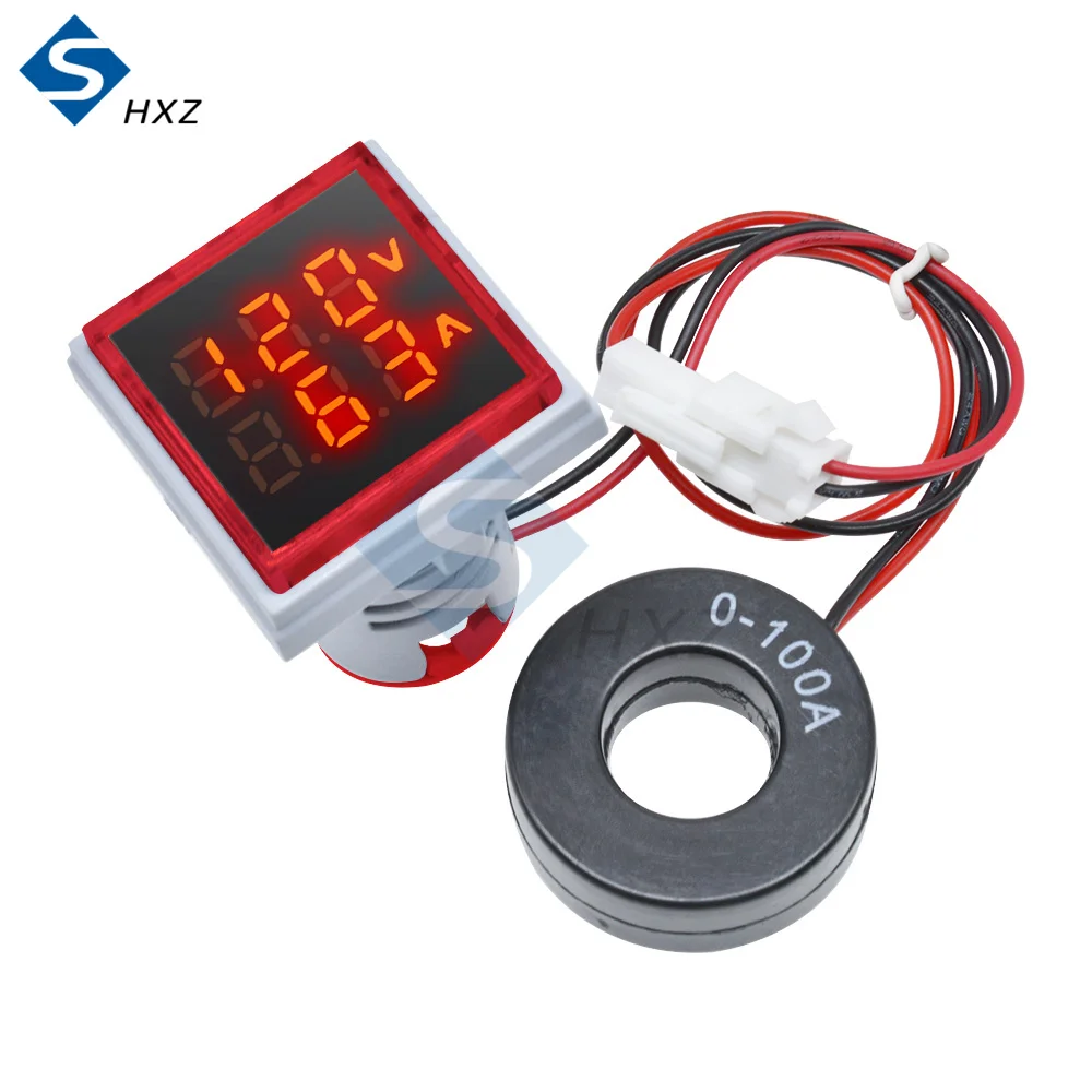 Amperímetro Digital de 22MM 0-100A 60-500V, medidor de corriente/medidores de voltaje, indicador Led, lámpara cuadrada, luz de señal 2 en 1