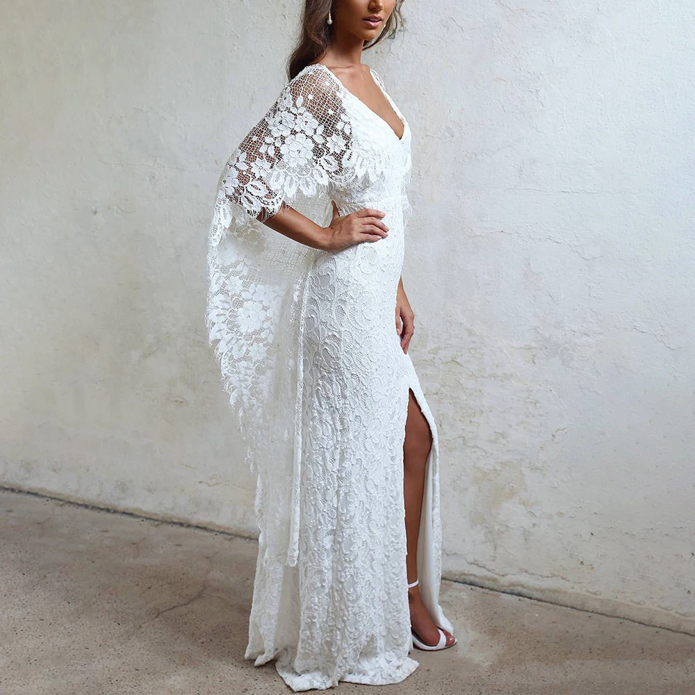 Boho długi nietoperz suknia ślubna Backless Lace Custom Made cel Elopement wysoki podział paczuli płaszcza suknia ślubna