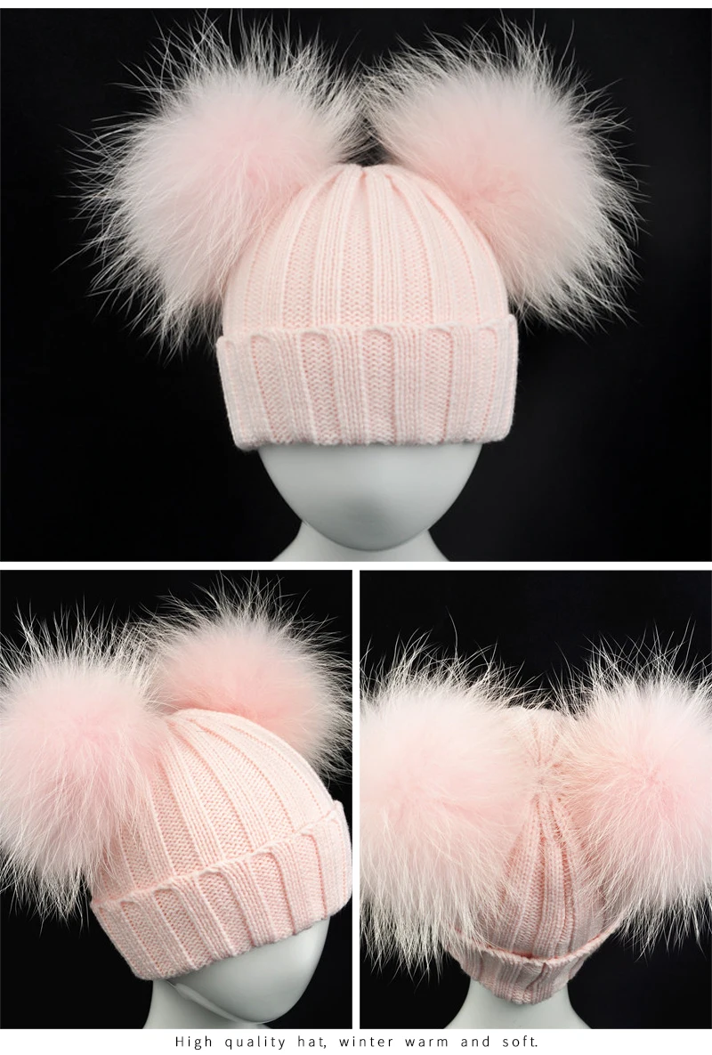 JX Watcher Winter Doppel Echtpelz Pom Pom Hut für Kinder Baby Strick mützen mit zwei Pelz Pompons Jungen Mädchen hochwertige Mütze Mütze – Detail 36