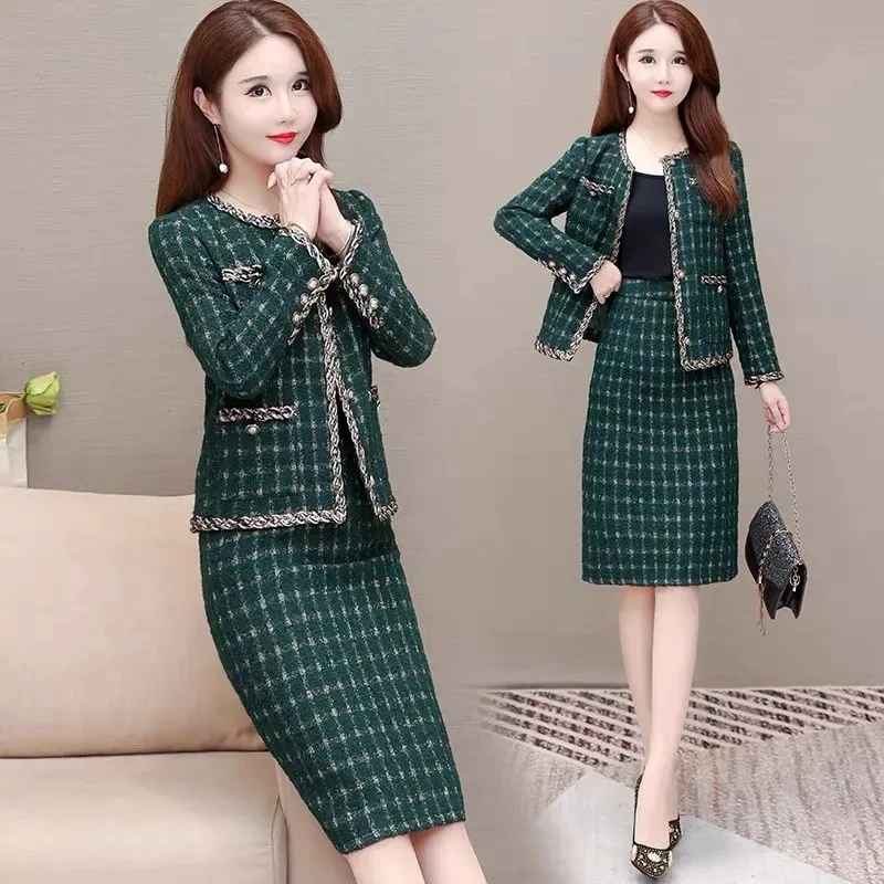 Vintage Green Plaid Tweed Skirt 2 Piece Set Women Elegant Outfits Slim Spring Fall Jacket And Korean Straight Midi Skirts Suit