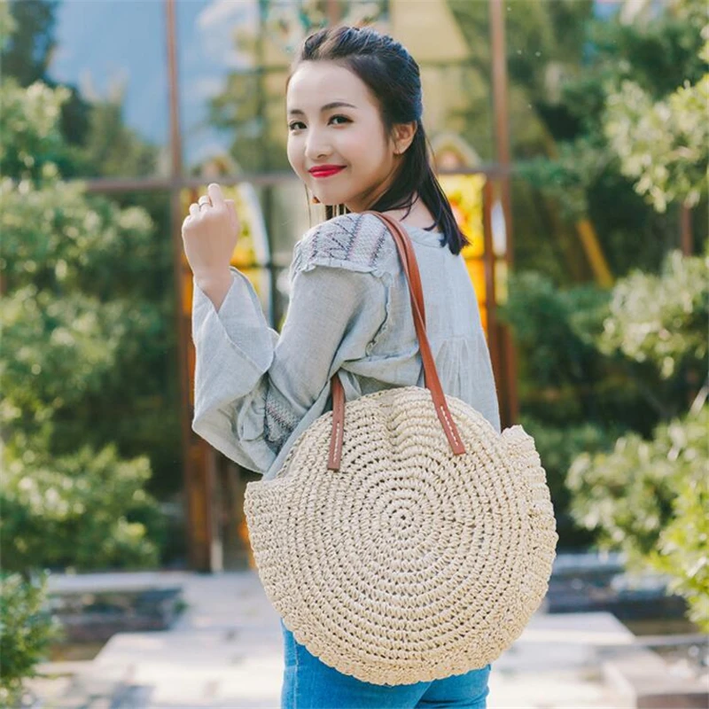 Borsa da spiaggia rotonda in paglia Borsa a tracolla intrecciata fatta a mano vintage Cerchio in rafia Borse in rattan Borse casual per le vacanze