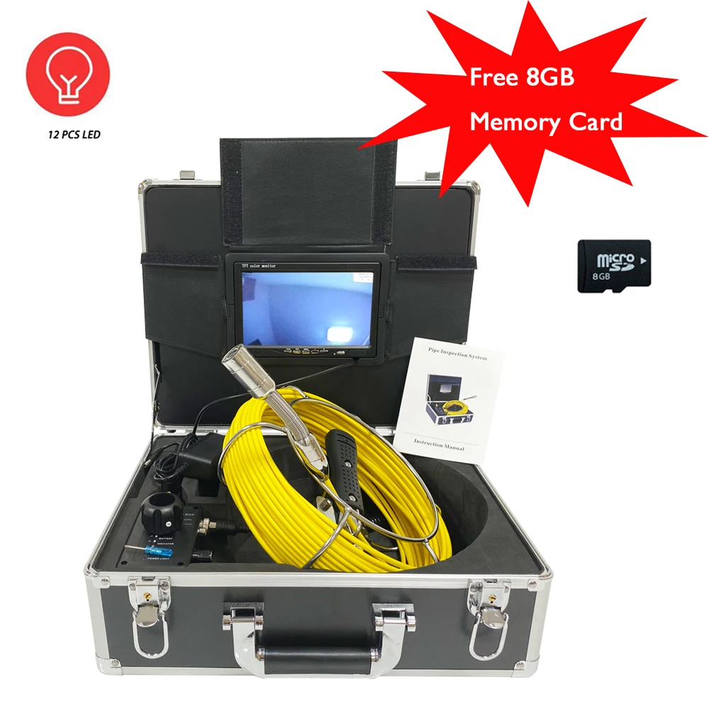 

7inch 23mm 20m-50m Cable Waterproof Pipe Endoscope Video Camera 8GB Card DVR Recorder Sewer Drain Industrial Inspection System