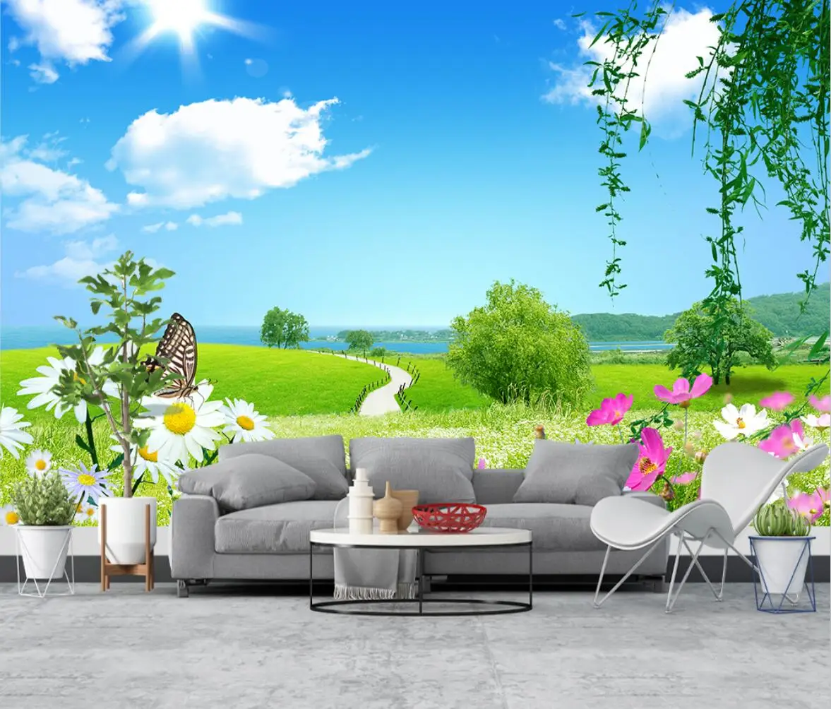 

3d wallpaper Customized mural blue sky white clouds grassland minimalist TV background wall forest landscape painting