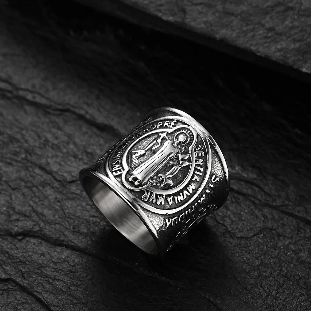 Vintage Catholic Saint Benedict Exorcist Stainless Steel Cross Ring Men Domineering Bible Jesus Exorcist Ring Jewelry Gift