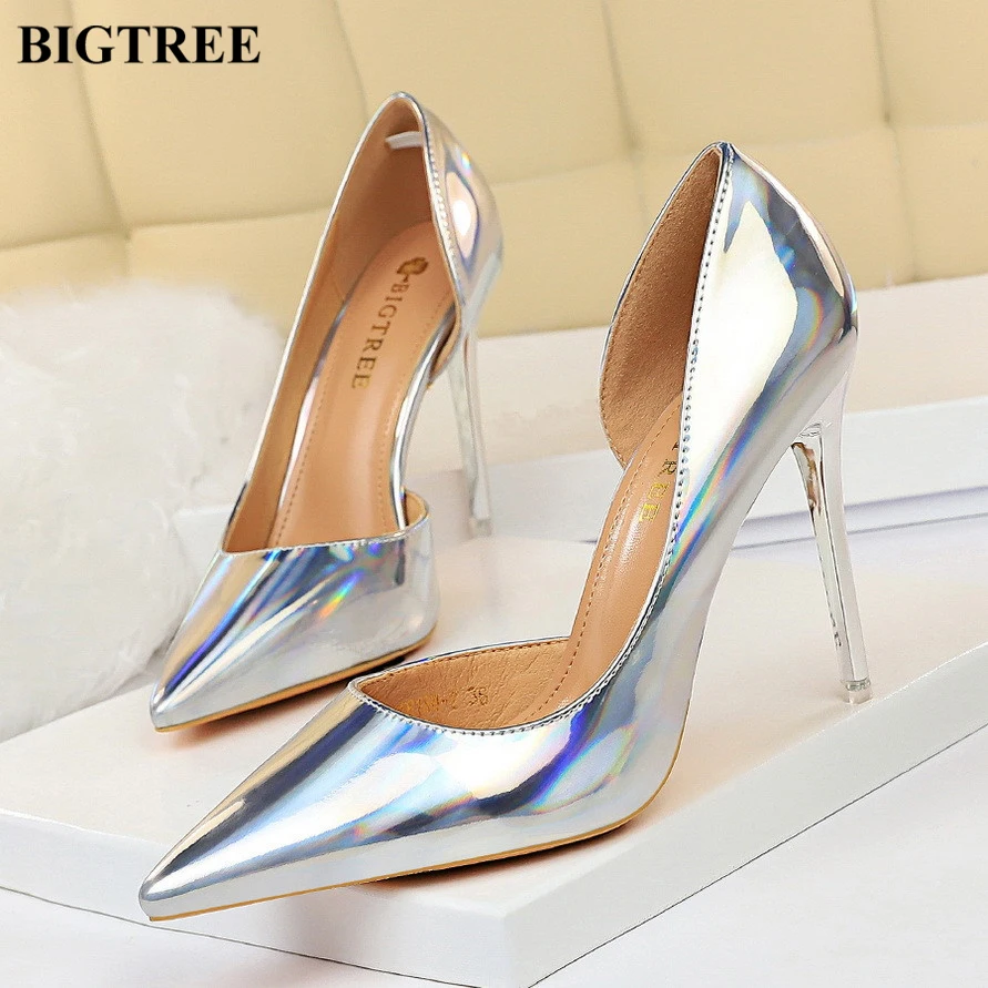 

BIGTREE Shoes Shiny Patent Leather Woman High Heels Shoes Sexy Cut-Outs Pointed Toe Women Pumps Shallow Office Ladies Party 2024