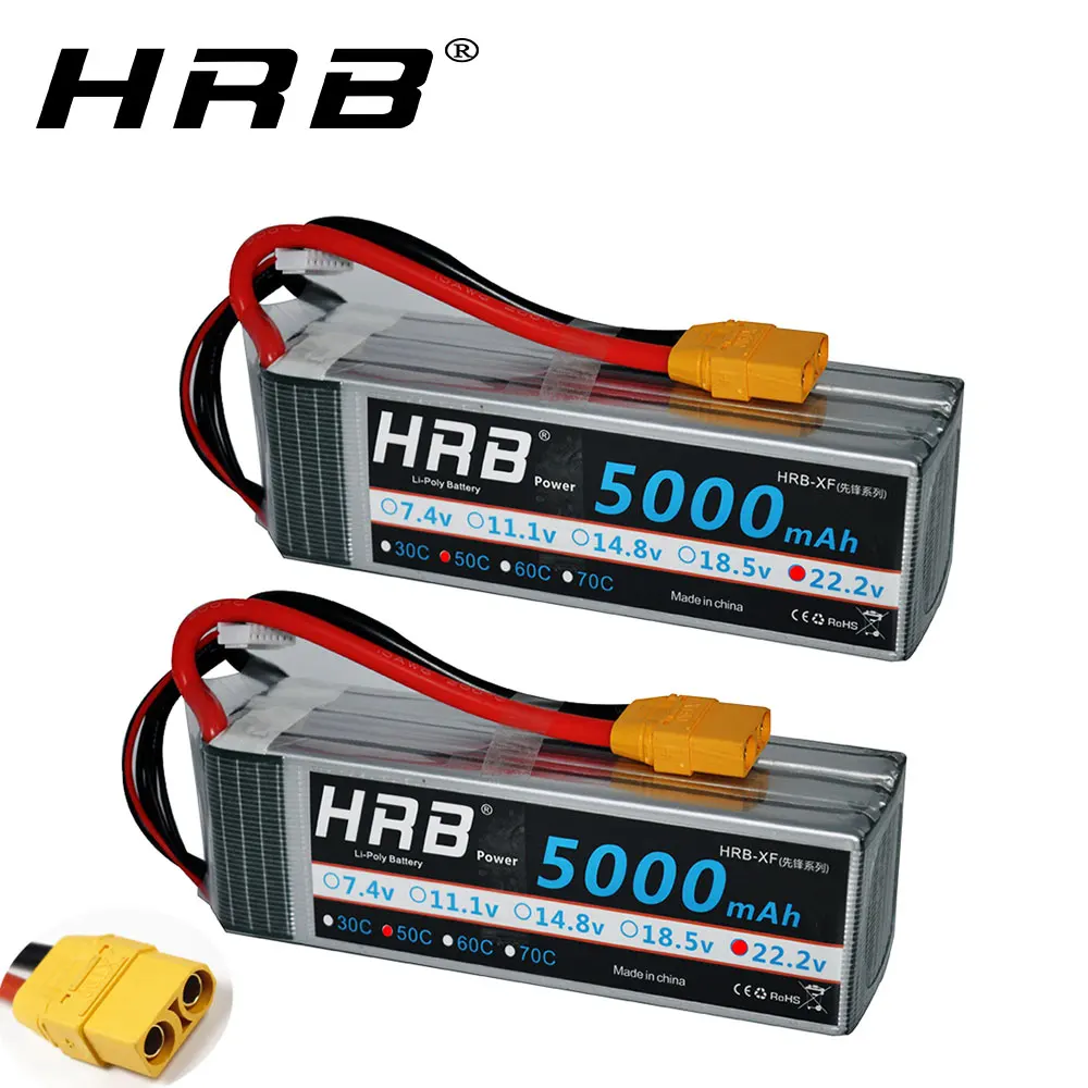 2PCS HRB 6S Lipo RC Battery 22.2V 5000mah with EC5 XT90 connector 50C for RC XMAX Car Monsters RC helicopter trex 700 800 Drones