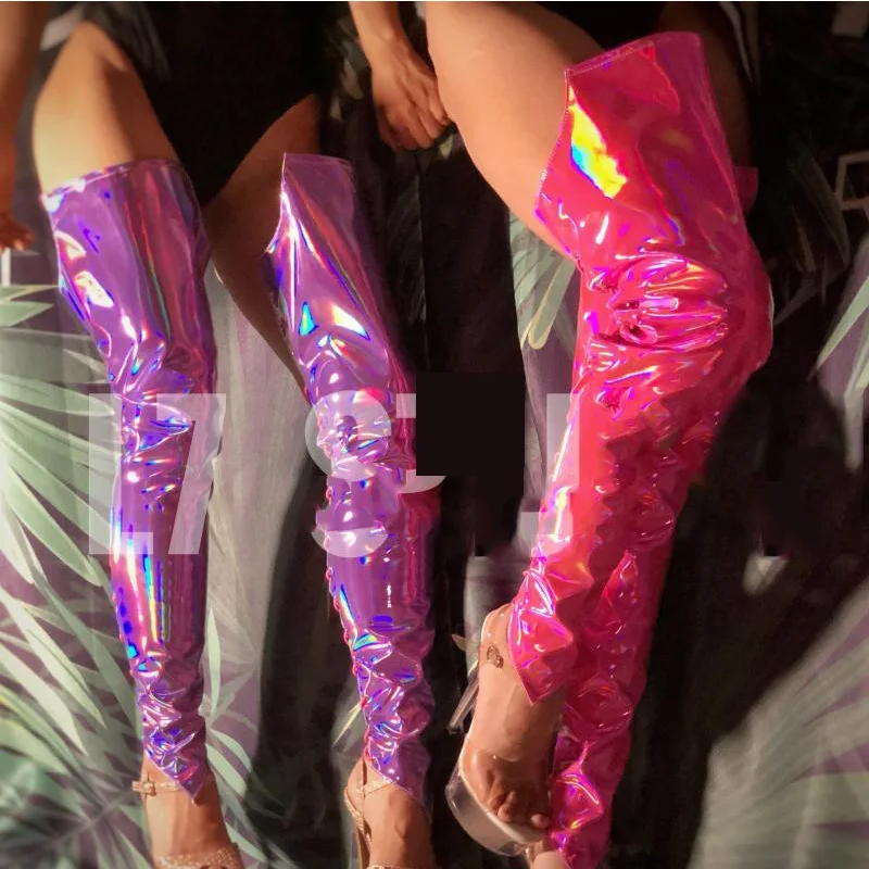 Nightclub Handsome Laser Bright Bandage Boots Cover DS DJ Female Singer Bar Costumes Accessories Fluorescent Leg Sets DWY3444