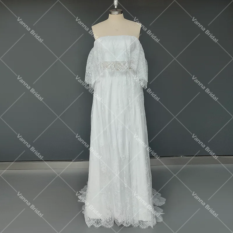 Vestido de novia de encaje bohemio para mujer, traje de dos piezas con hombros descubiertos, talla grande, fotografía barata, hecho a medida