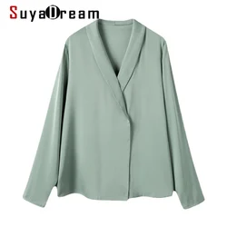 SuyaDream Women Silk Blouses 23mm 93%Silk 7%Spandex Long Sleeves V Neck Shirts 2022 Spring Autumn Office Chic Top Green White