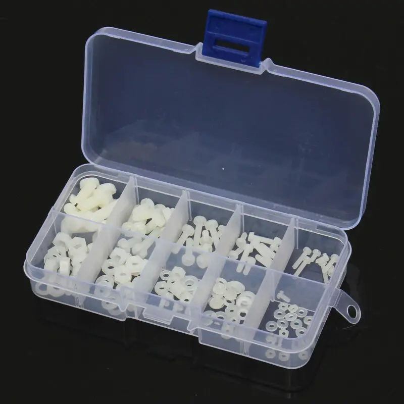 ホワイトナイロン六角ネジ,150個,m2.5,m3,m4,m5,ボルトナット,プラスチックボックス付きスペーサーキットプレート,耐食性