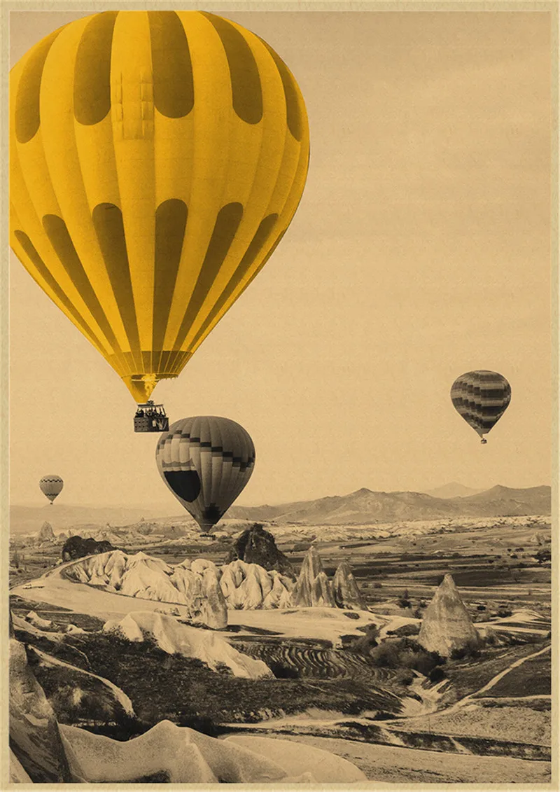 Black White Yellow Paris Kraft Paper Poster Print Landscape Leaves City Canvas Painting Hot Air Balloon Picture Home Decor