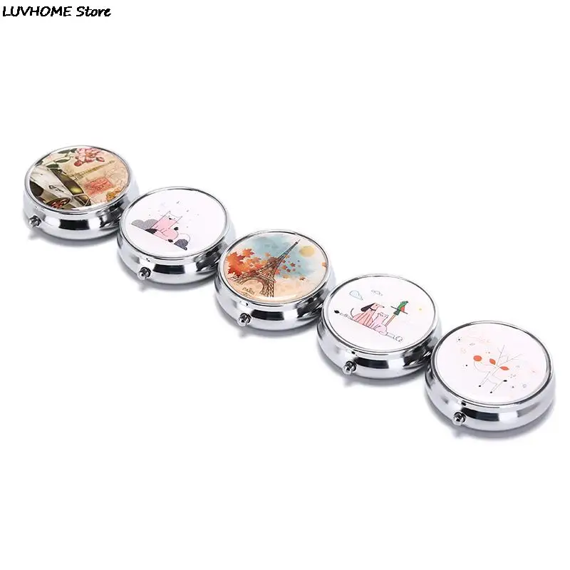 1PCS Portable Metal Round Flower Print Organizer Cute Compartment Pill Case Divid Storage Tablet Container Medicine Box