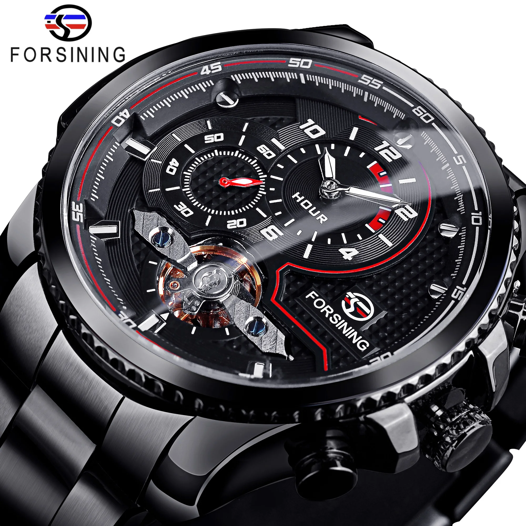 Forsining Black Dial Automatic Mechanical Watch Waterproof Wristwatches Tourbillon Stainless Steel Band Military Watches Reloj