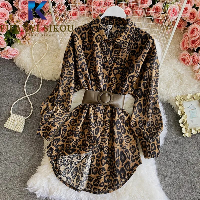 

Leopard Print Shirt Jacket Women 2021 New Lapel Belt Fashion Long Sleeve Corduroy Shirts Coat Autumn Womens Tops and Blouses