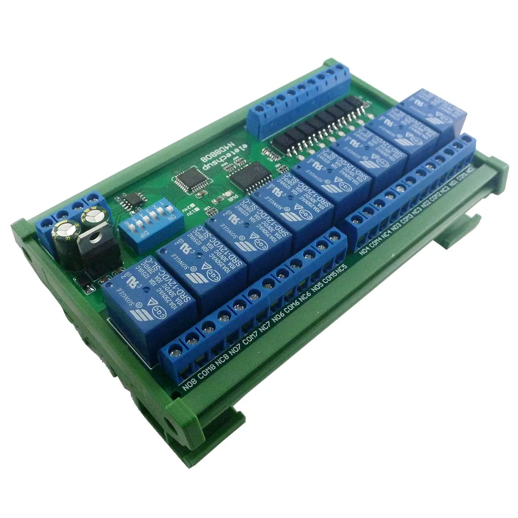 DC 12V 24V 8I8O Multifunction Modbus RTU Relay Module Support 03 06 16 Function Code RS485 Switch Control Board DIN35 Rail Box