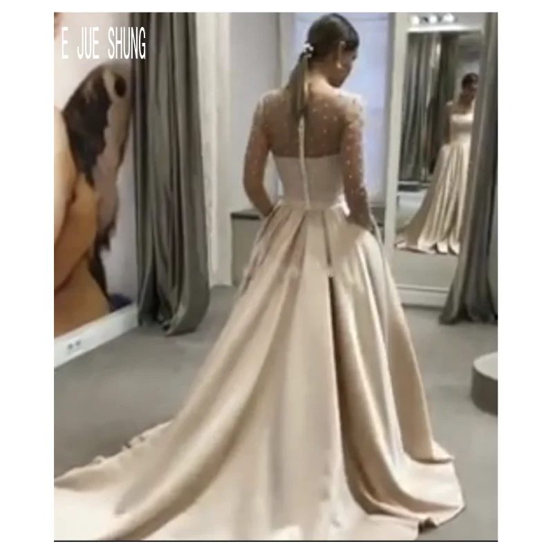 E JUE SHUNG Light Champagne Satin Bride Dresses Sheer Scoop Neck Long Sleeves Pearls Wedding Dresses Button Back robe de mariee