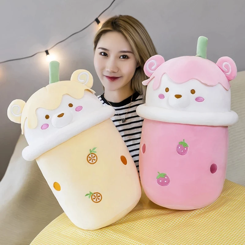 25-40cm Plush Toys Real-life Stuffed Soft Back Cushion Cute Cartoon Teddy Bear Bubble Tea Cup Shaped Pillow Funny Boba Food