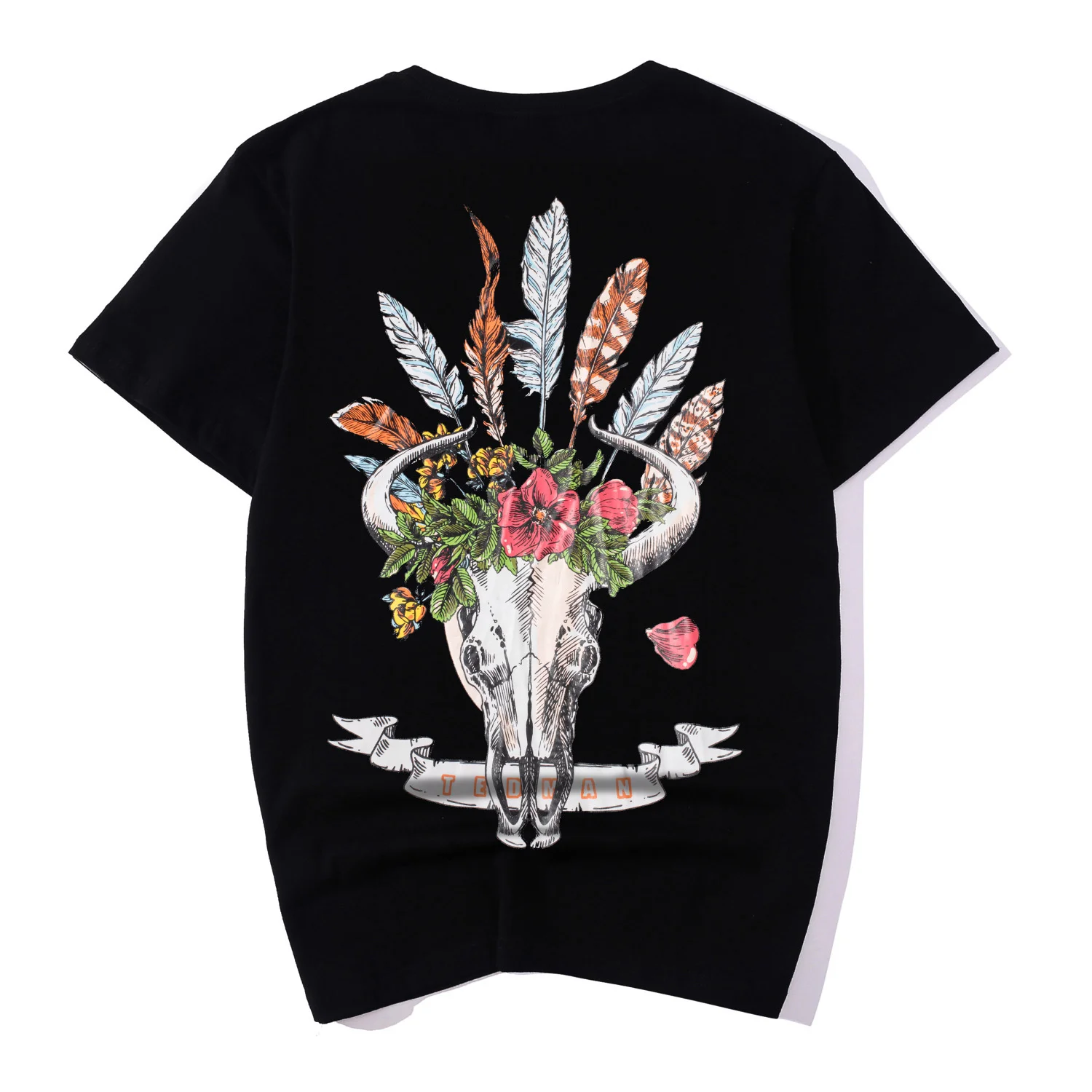 Head Ox Print T-shirt Men Fashion Loose Short Sleeve Summer Tees Cotton Feather Flower Painting Black T-Shirts High Quality