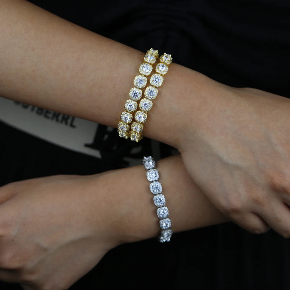 Iced Out Bling 5A Cubic Zirconia CZ Square Charm Bracelet 8mm Silver Color Tennis Chain Bangle Hip Hop Fashion Men Women Jewelry