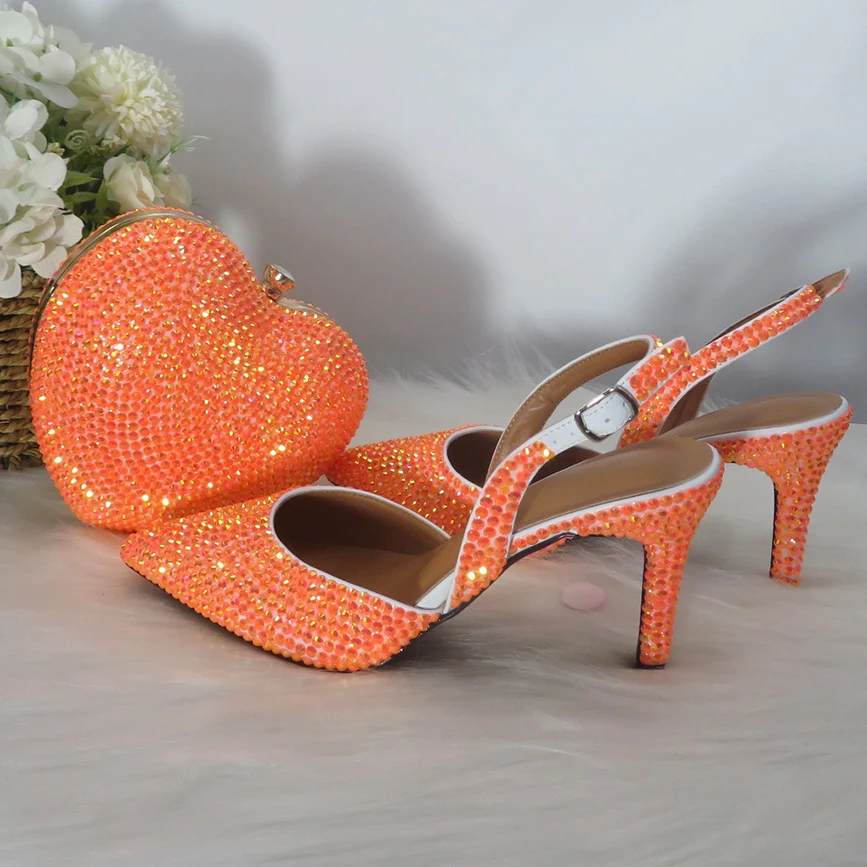 

2021 New Arrival Heart Bag Orange AB Pointed Toe Wedding Shoes and bag Woman High Thin Heel Party Dress Shoes Slingbacks Pumps