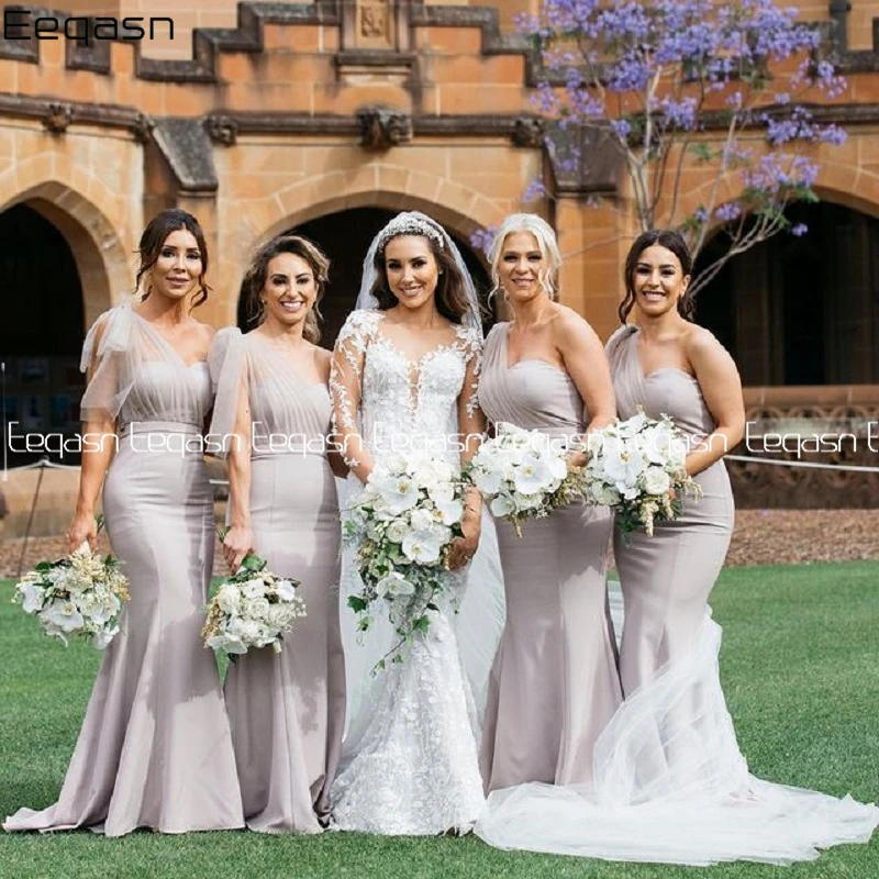 Sliver Sarung Bridesmaid Gaun Panjang untuk Nigeria Pernikahan Perjamuan Elegan V Leher Gaun Bridesmaid Gaun Sapu Kereta