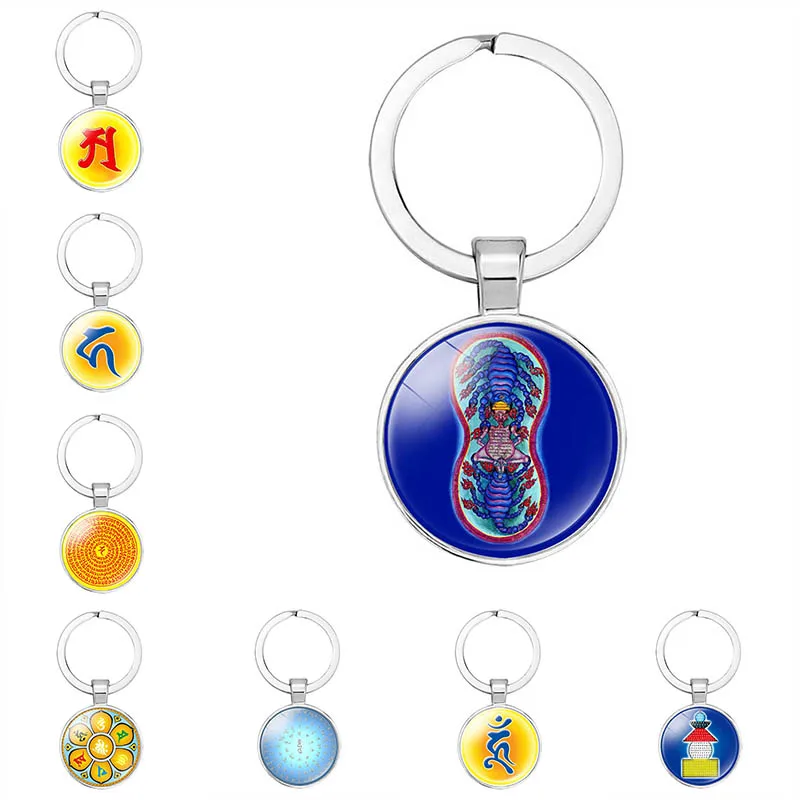

Classic OHM OM AUM Buddha Round Keychain Hindu Buddhism Yoga Symbol Handmade Glass Cylindrical Dome Keyring Holder Llaveros