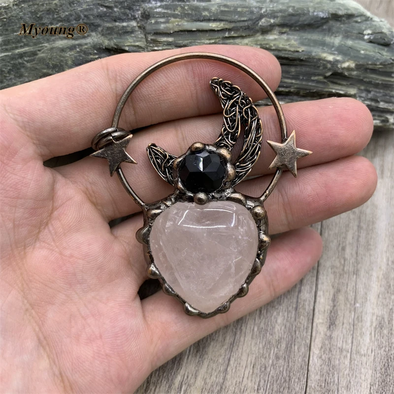 

Boho Soldered Bronze Plated Heart Shape White Quartz Crystal Vintage Moon Stars Stone Necklace Pendant Bohemia Jewelry MY210837