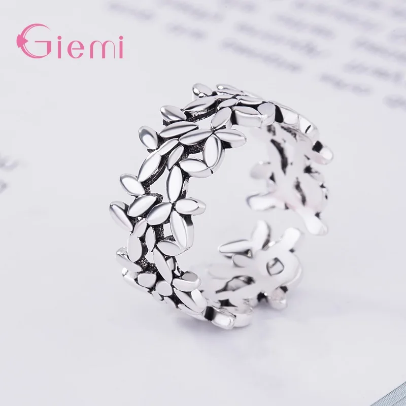 New Arrivasl Vintage 925 Silver Leaf Ring Creative Open Glossy Hollow Carved Couple Ring For Women Girls Party Jewelry