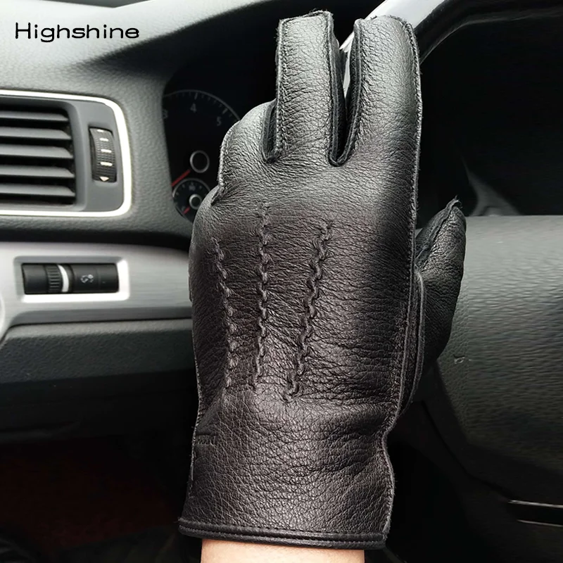 HighShine-guantes de vestir de cuero de piel de ciervo forrado de Cachemira para hombre, guantes cálidos de lana para conducir con pantalla táctil,