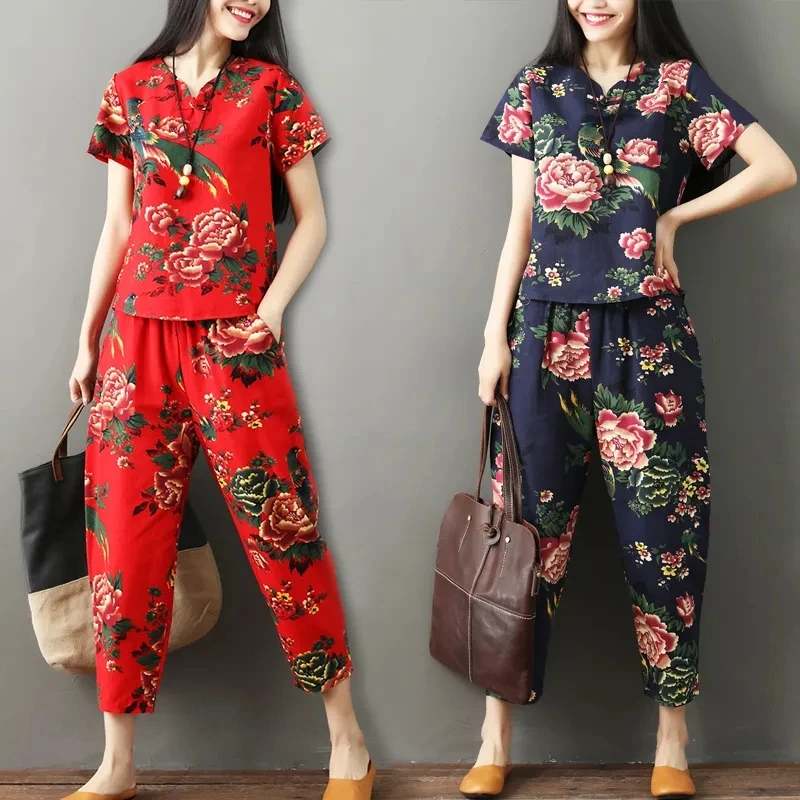 

Women's Pants 2 Piece Set 2022 Summer New Female Two Piece Set Middle-aged Female Printing Cotton linen Pants Suit B