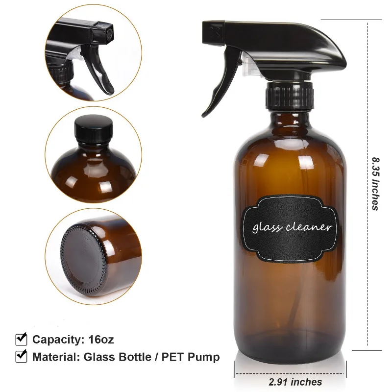 500ml  Amber Glass Spray Bottle with Black Trigger Sprayer  16 Oz  Round Heavy Duty Brown Water Sprayer Essential oil bottle