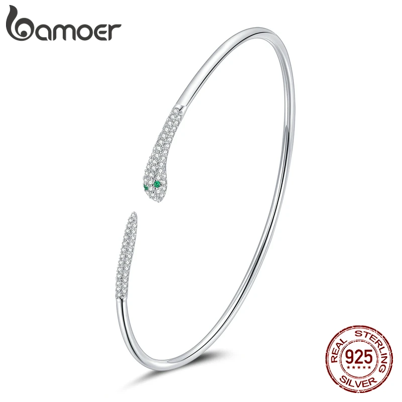 bamoer Silver Snake Opening Bracelet 925 Sterling Silver Spirit Snake Bangle Bracelet Gift for Women Engagement Jewelry SCB206