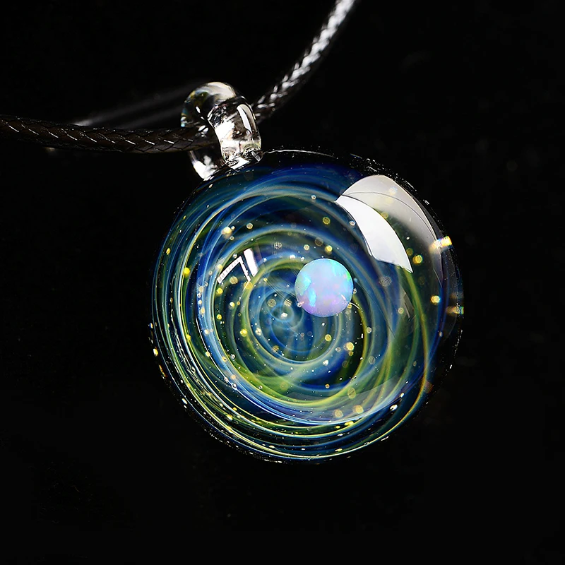 LKO Nebula Cosmic Handmade Opal Galaxy Glass Pendant with Rope Necklace Men Women Couple Jewelry Valentine's Day Present