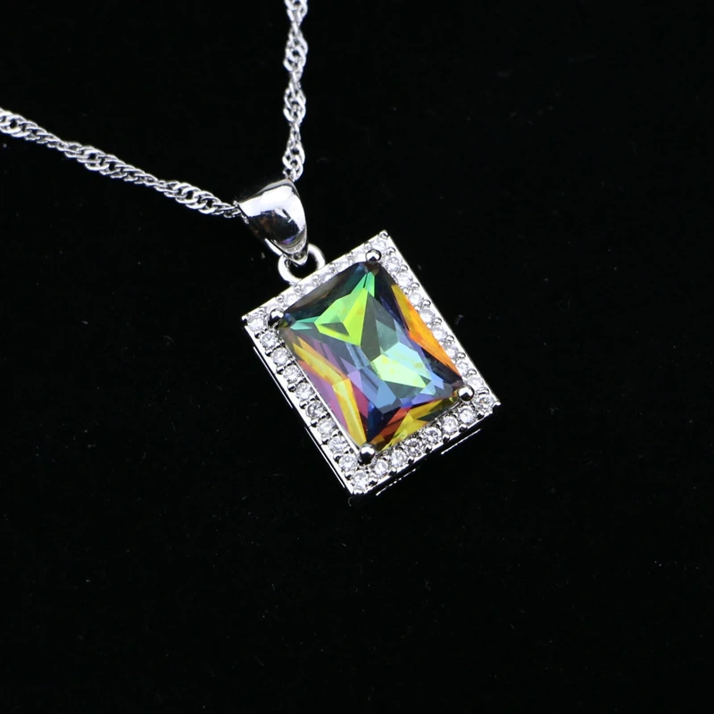 Square 925 Sterling Silver Chain Necklace Mystic Rainbow Zircon White CZ Slide Pendant For Women Wedding/Engagement/Party/Gifts