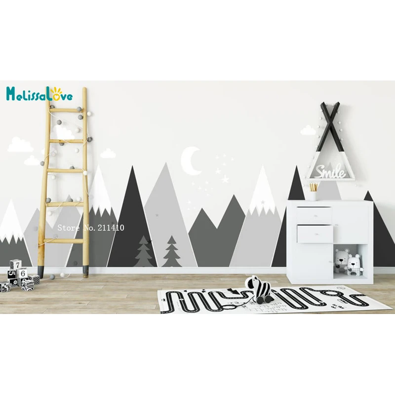 Baby Room Decor Custom Mountains Wall Decals Pine Trees Woodland Nursery for Kids Toddler Playroom Self Adhesive Sticker YT5325A