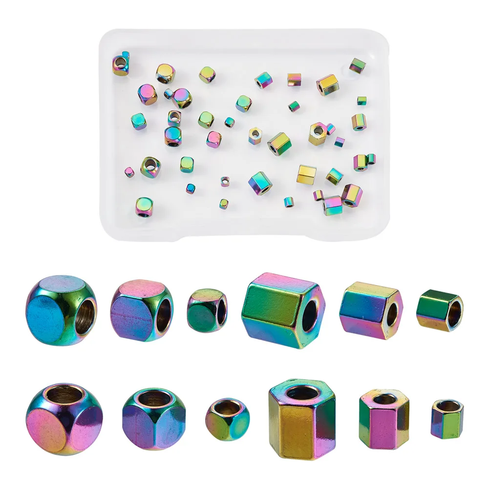 48pcs/Box Vacuum Plating 304 Stainless Steel Hexagon Cube Spacer Beads For DIY Jewelry Making Necklace Accessories Multi-color