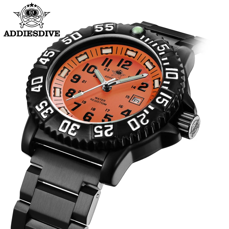 ADDIES New Orange Dial Sports Luminous Men's Watch Top Brand Luxury All-steel Quartz Clock Waterproof Date Diving Watch Men 050s