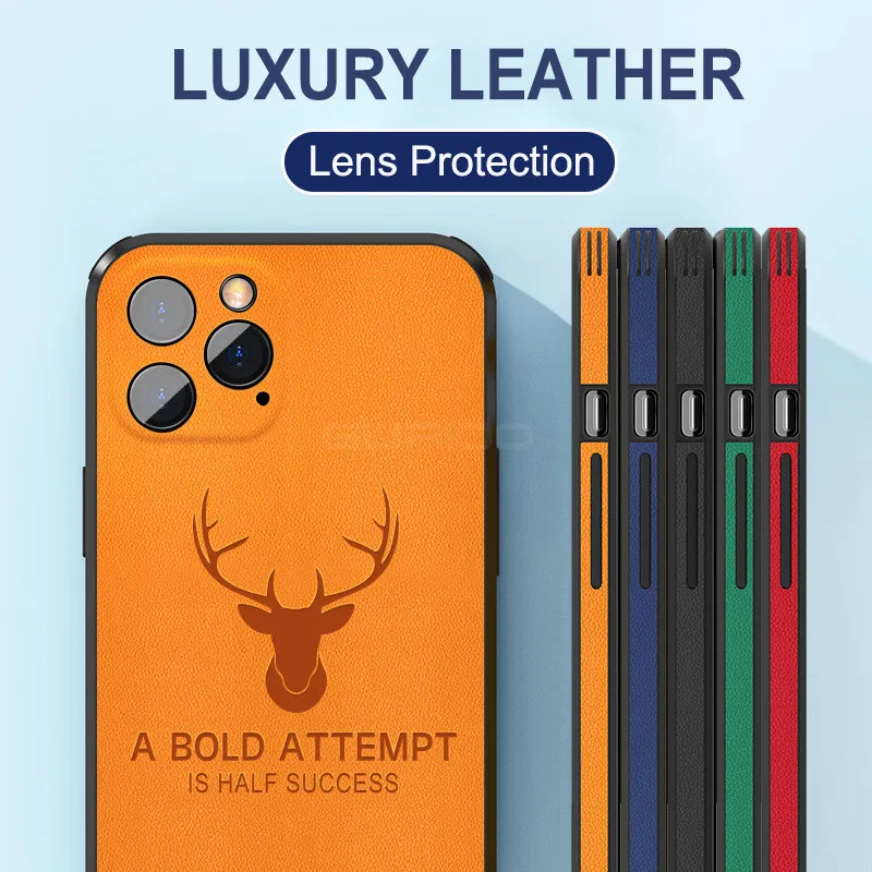 Luxury Deer Leather Texture Slicone Case For iPhone 15 14 13 12 Mini 11 Pro X  Max XR 7 8 Plus Lens Protection Shockproof Cover