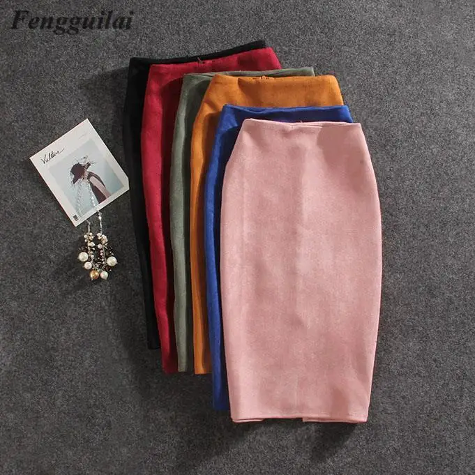 

Women Skirts Summer Knee-Length Pencil Skirt Female Vintage Suede Split Skirts Jupe Femme Faldas Mujer