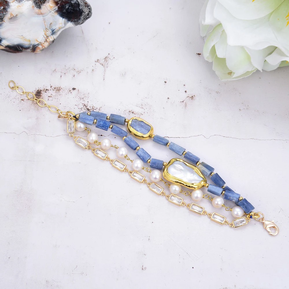 4 Rows Natural White Pearl Blue Natural Kyanite Cz Golden Plated Chain Bracelet