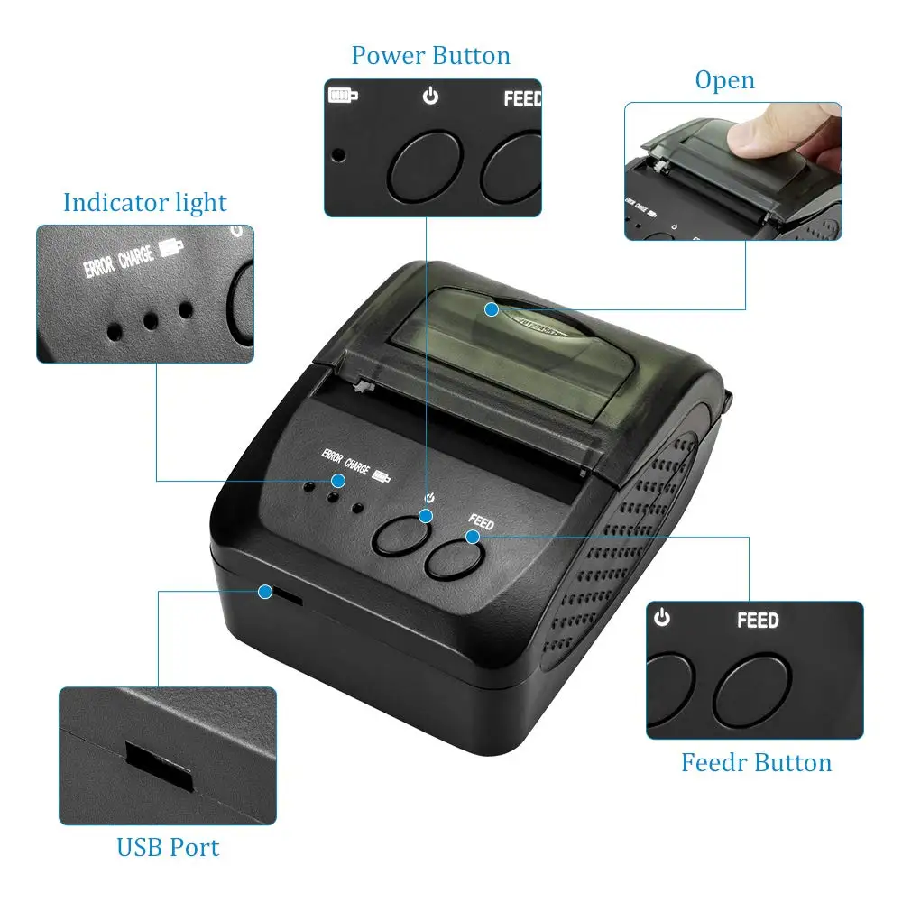 Printer Bluetooth Mini portabel, Printer nirkabel Bluetooth Mini portabel untuk jendela ponsel 58mm 2 inci mesin pos