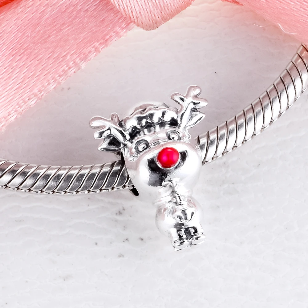 Rudolph Rentier-Charm mit roter Nase, passend für Original-Schlangenkettenarmbänder für Damen, DIY-Sterlingsilber-Schmuck 2020, Winterperlen