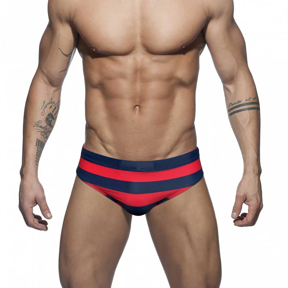 Sexy Men stroje kąpielowe w paski lato niskiej talii strój kąpielowy Bulge Pad plaża strój kąpielowy moda mężczyzna Sport Homme Surfing Swim figi