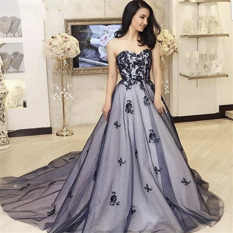 Robe de soirée de forme trapèze, élégante robe de bal en Tulle doux avec des appliques en dentelle et fermeture éclair dans le dos