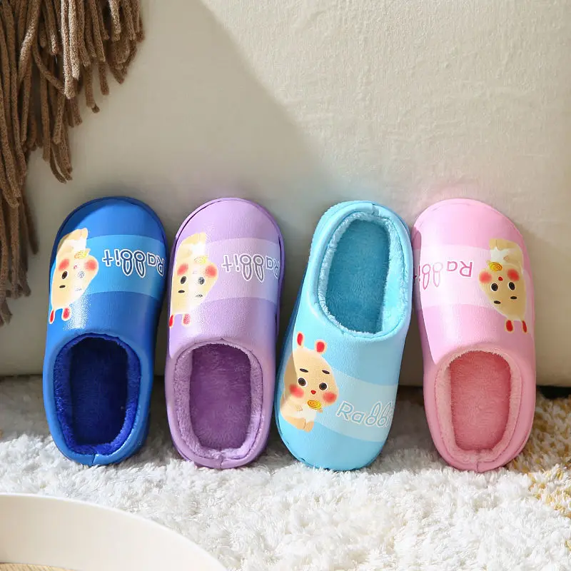 Unisex Children's Cotton Slippers PU Leather Cartoon Boys and Girls Warm Non-slip Fur Slippers Winter Kids Cute Furry Slippers