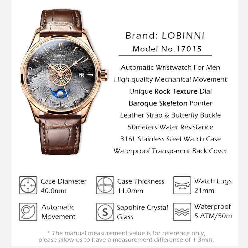 LOBINNI 2021 New Style Original Design Luxury Men Watches Mens Waterproof 50M Automatic Mechanical Watch Moon Phase Date Clock