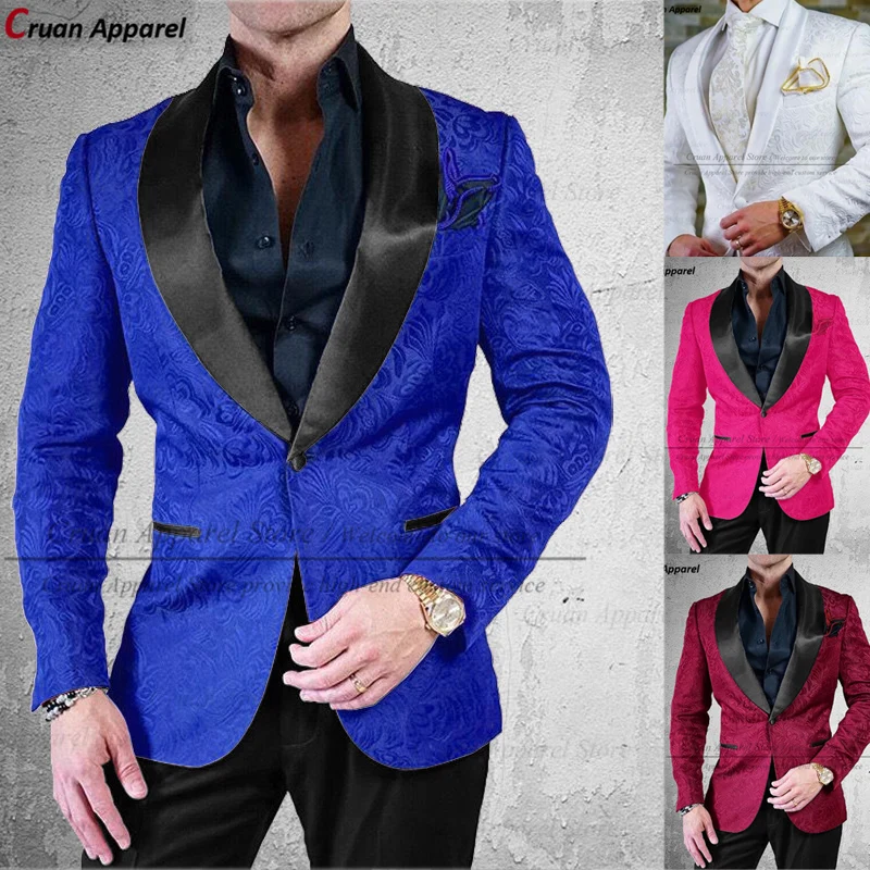 

Brand Luxury Jacquard Wedding Men Suit Set Custom Slim Fit Fashion Best Man Groom Tuxedo Formal Fuchsia Blazer Black Pants 2Pcs