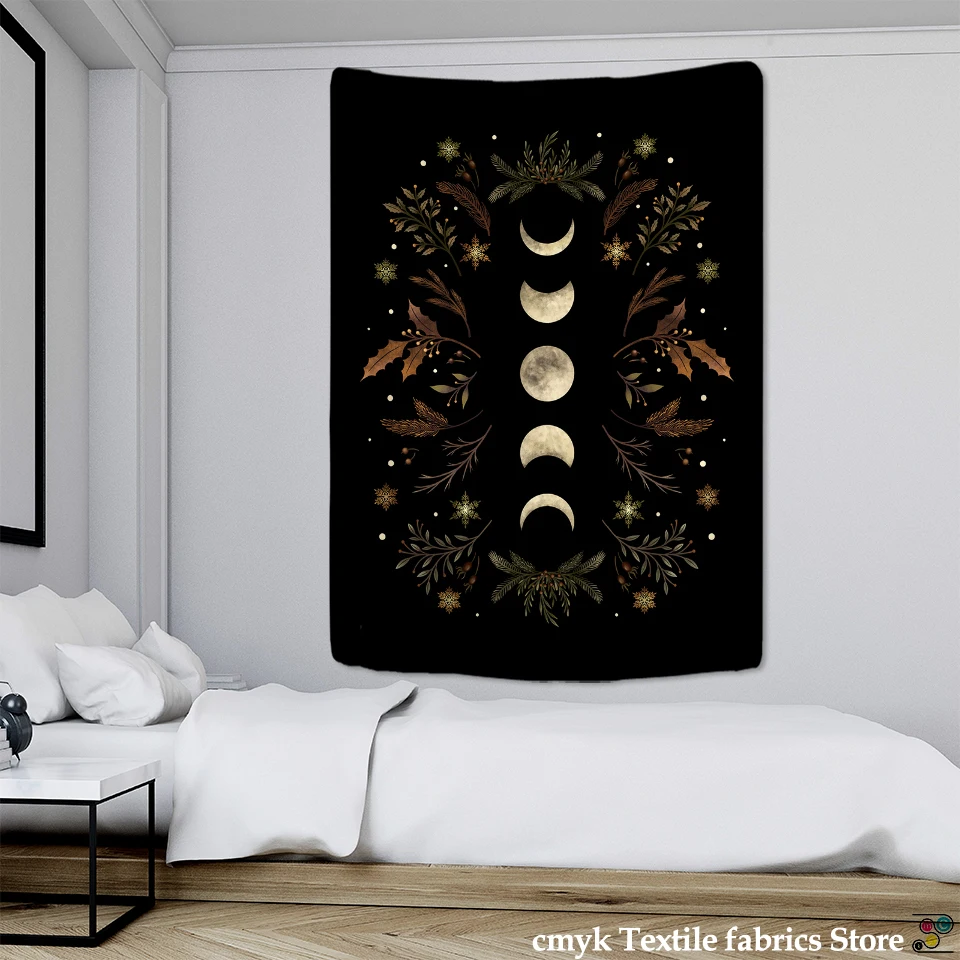 Vintage Moon Phase Tapestry Wall Hanging Moonlight Green Olive Leaf Bohemian Style Hippie Dormitory Home Decor